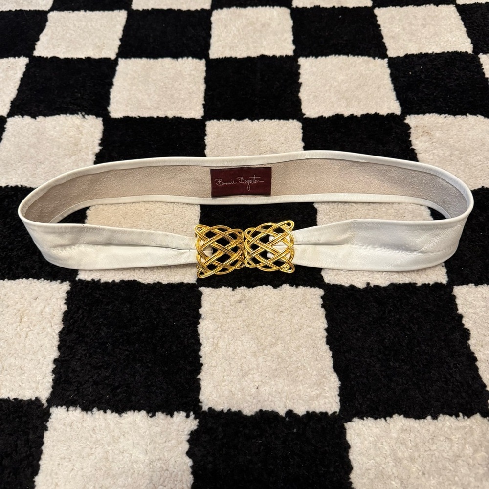 Vintage Bonnie Boynton White Leather Belt with Gold Buckle Waist Belt